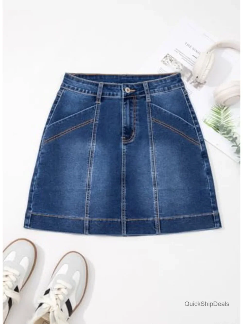 High Waisted Stretch Mini Denim Skirt with Pockets